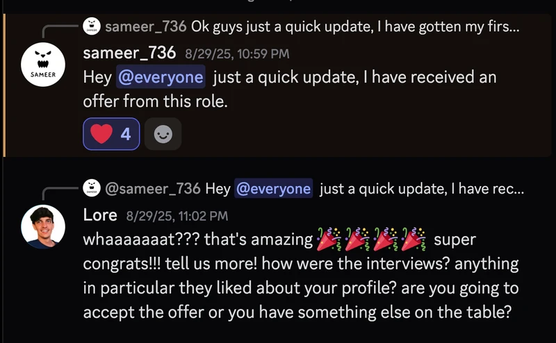 Student message sharing a job offer