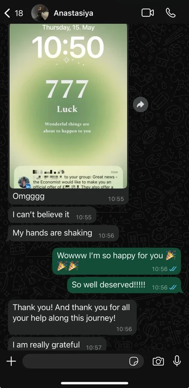 Student message sharing an interview result